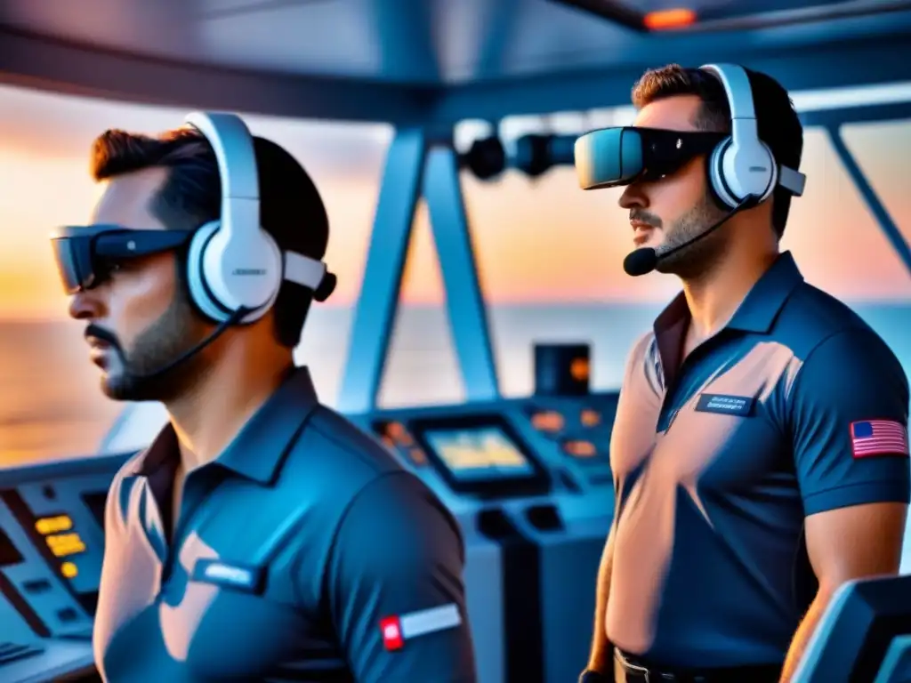 Un equipo diverso de tripulantes marítimos en un barco al atardecer, usando auriculares de entrenamiento digital