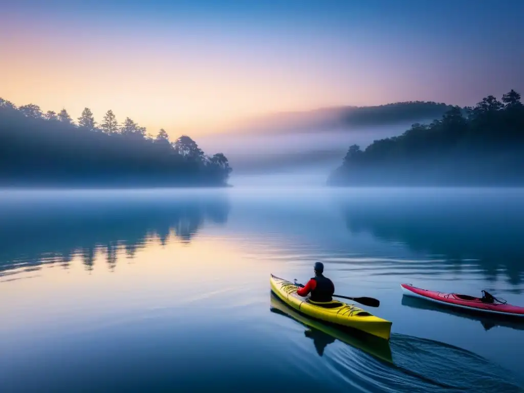 Equipo esencial kayak paddleboarding en lago al amanecer, rodeado de neblina y suave luz solar