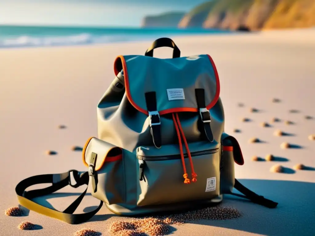 Un equipo impermeable protegiéndose de la arena y la sal en la playa, reflejando durabilidad y resistencia