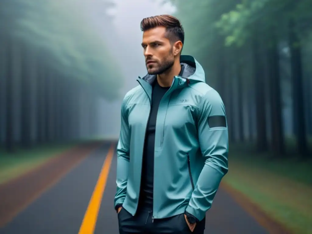 Equipo impermeable explorador moderno: chaqueta futurista con tecnología wearable integrada en diseño minimalista