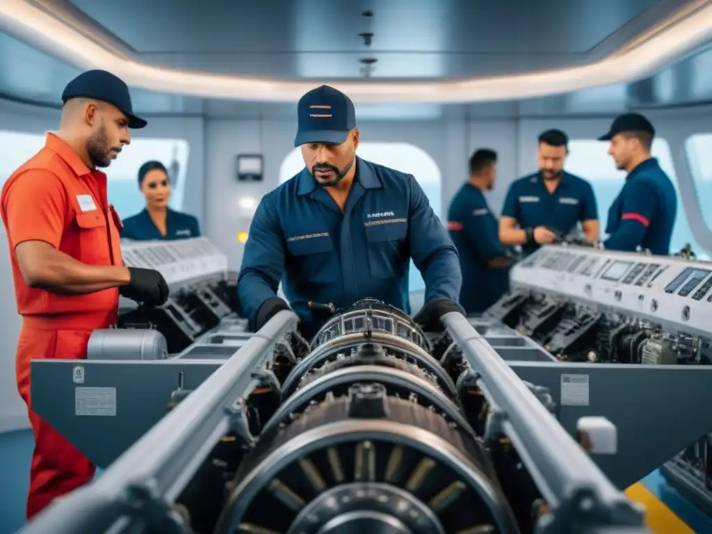 Un equipo de ingenieros y técnicos en uniforme realizando mantenimiento en un lujoso crucero, con tecnología avanzada y precisión