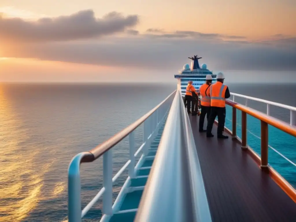 Equipo de mantenimiento puliendo barandas en crucero de lujo al atardecer en el mar