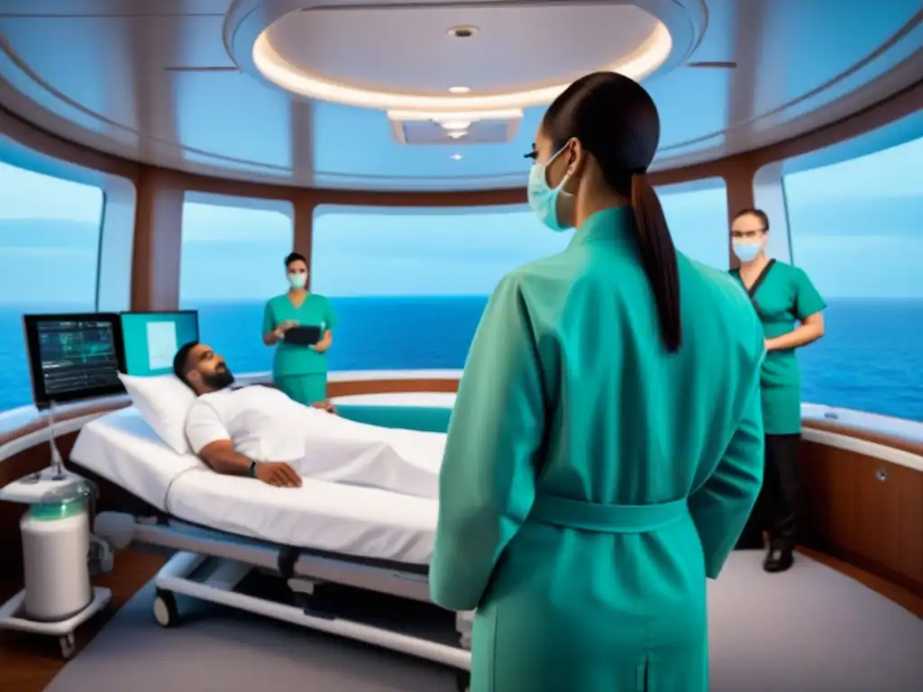 Un equipo médico diverso y detallado colabora en un crucero, mostrando innovaciones en detección de enfermedades