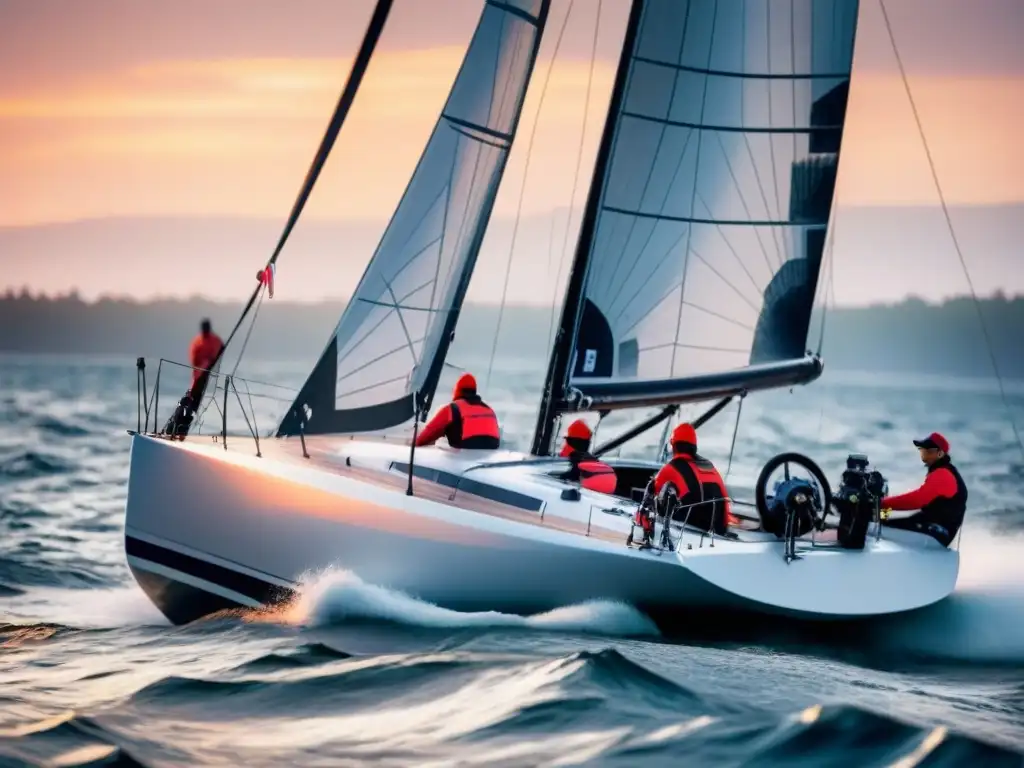 Equipo de mujeres navegantes en regata competitiva, unidas y habilidosas, navegando al atardecer