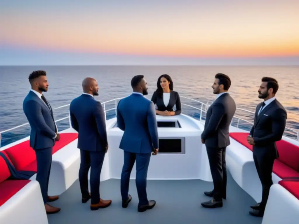 Equipo multicultural en barco, mirando al horizonte con determinación