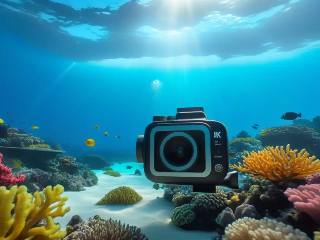 Equipo de fotografía submarina negro fotografiando fauna marina hábitat en arrecife coralino