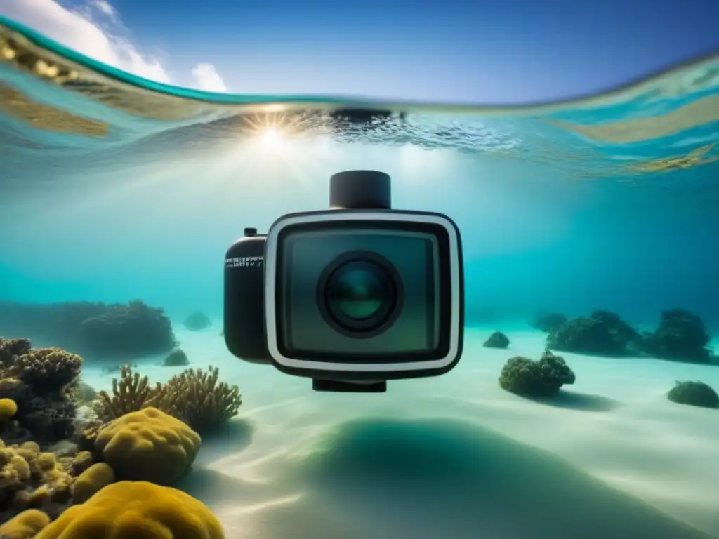 Equipo negro submarino rodeado de burbujas en agua cristalina, esencial para fotografía en condiciones marinas extremas