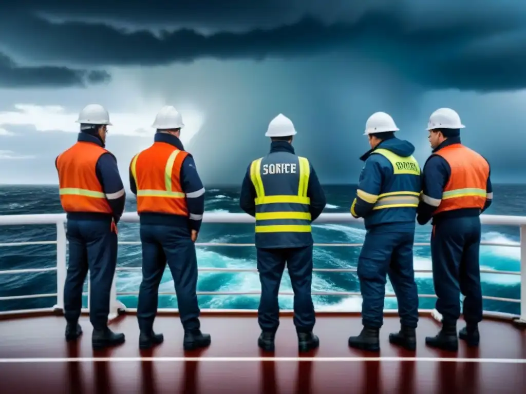 Equipo de profesionales marítimos trabajando unidos en cubierta durante una tormenta, destacando la seguridad en cruceros marítimos