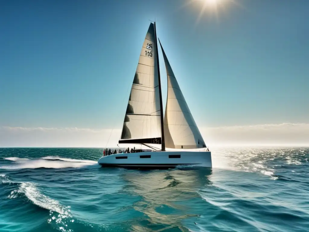 Un equipo de regatistas marítimos, concentrados y determinados, navega con precisión en un velero elegante bajo el sol dorado y cielo despejado