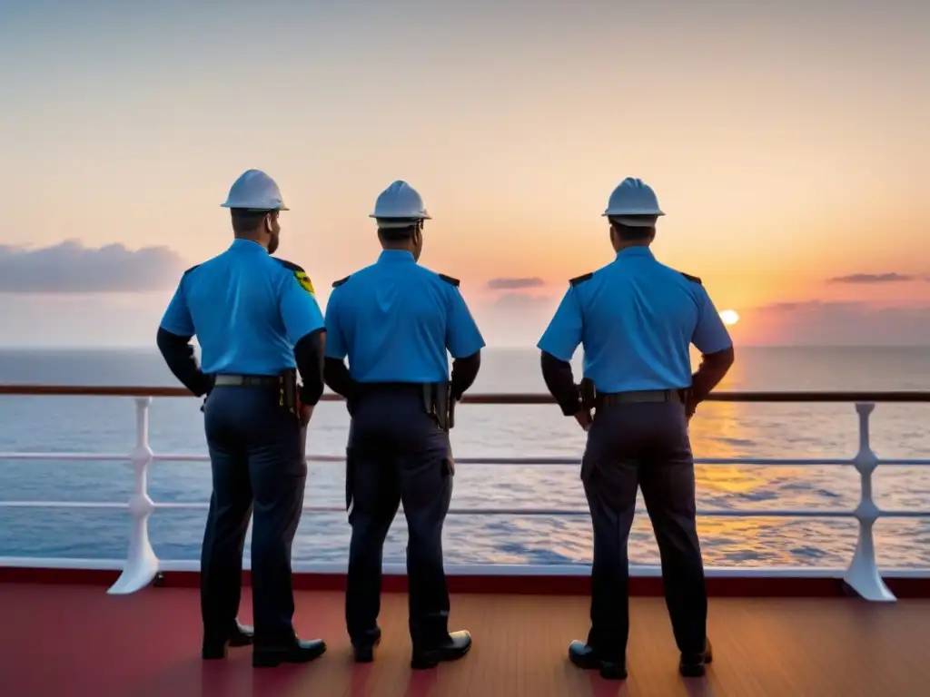 Equipo de seguridad de cruceros en preparación en el atardecer del barco, listos para diversos escenarios