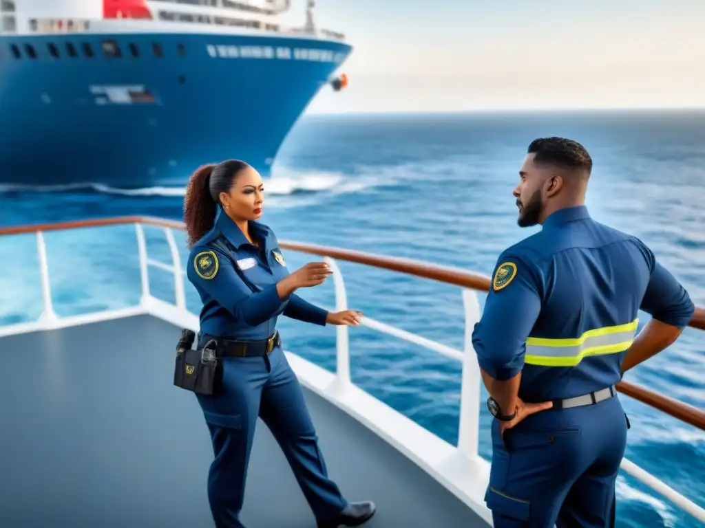 Equipo de seguridad de cruceros en ejercicio de preparación en cubierta, listos para cualquier escenario