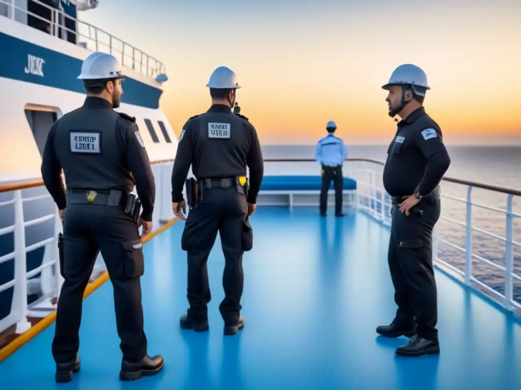 Equipo de seguridad de cruceros preparado en drill de seguridad en el mar