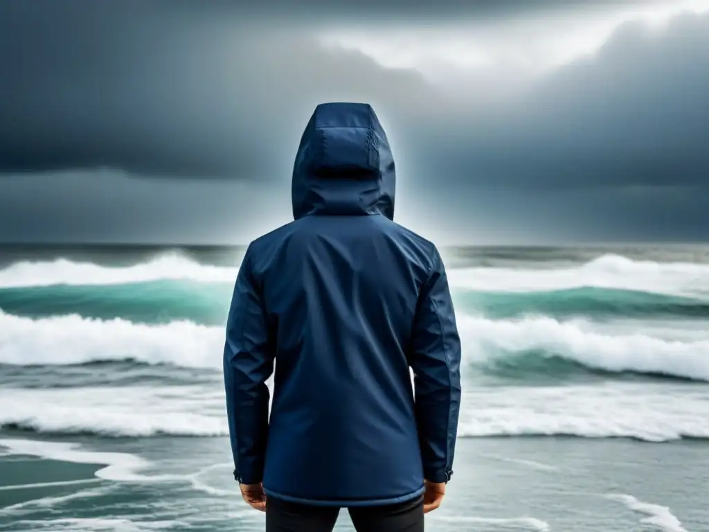 Equipos impermeables para explorador marítimo: Chaqueta azul colgando frente al mar tormentoso