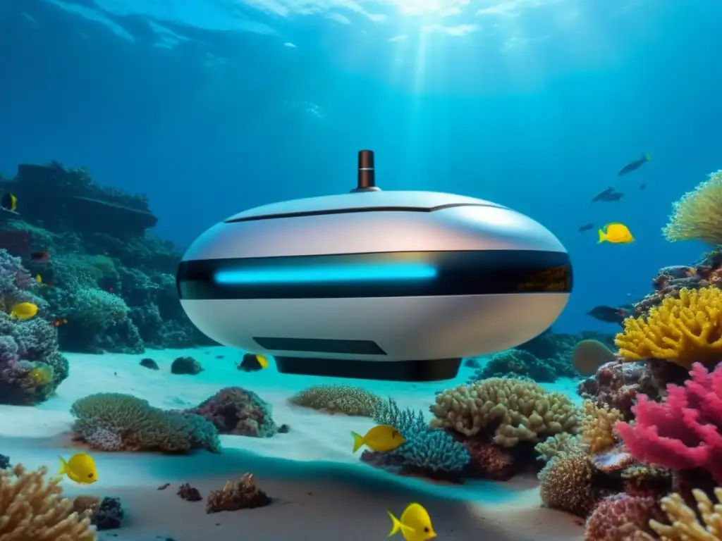 Exploración marítima en la era de la innovación: un dron submarino futurista rodeado de peces coloridos y arrecifes de coral vibrantes