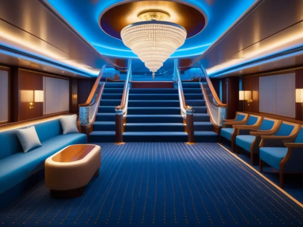 Escalera grandiosa y opulenta de un crucero moderno con diseño inspirado en el Titanic