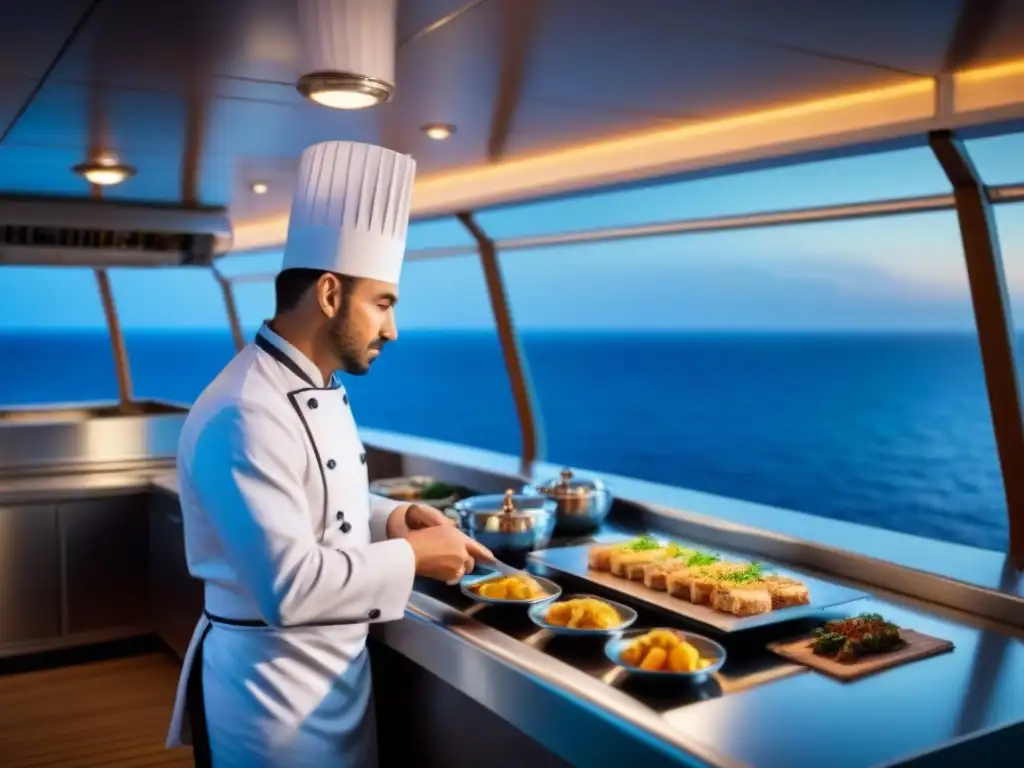 Escena de cocina al aire libre en un crucero con chefs y mesa elegante bajo las estrellas