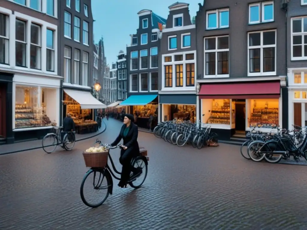 Escena de compras tradicionales en Ámsterdam: calles adoquinadas, arquitectura holandesa, bicicletas y coloridos escaparates