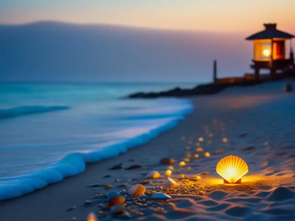 Escena costera al atardecer con artesanías del mar y comunidades costeras