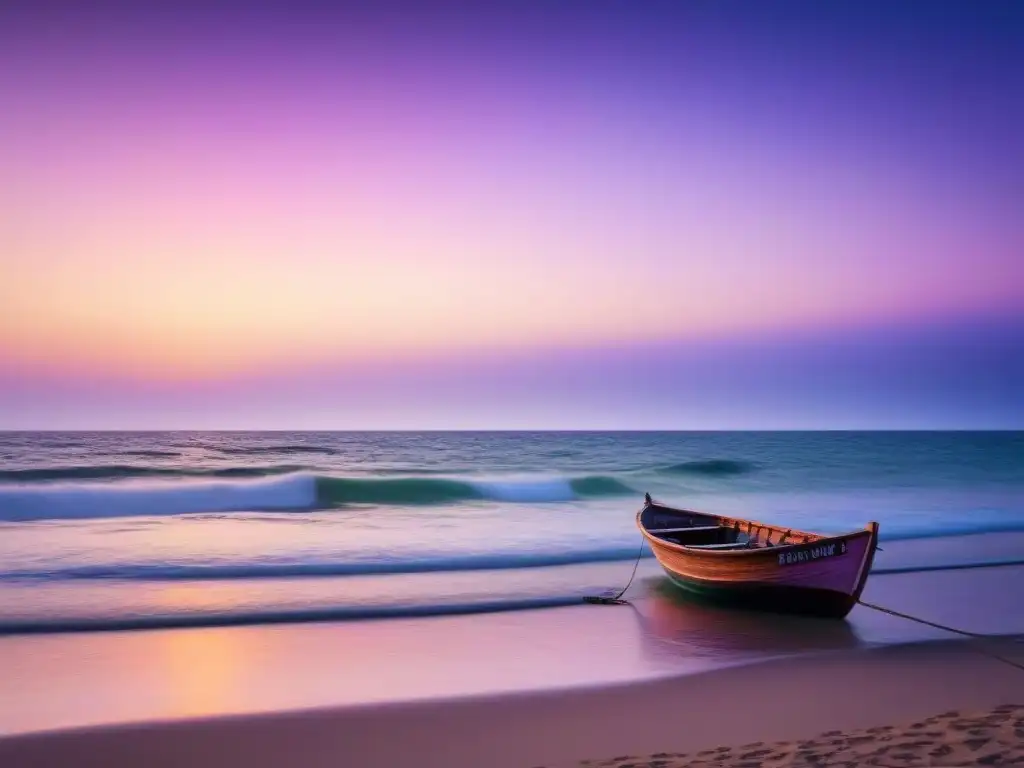 Escena costera serena al amanecer con barca de pesca, mar tranquilo y cielo pastel