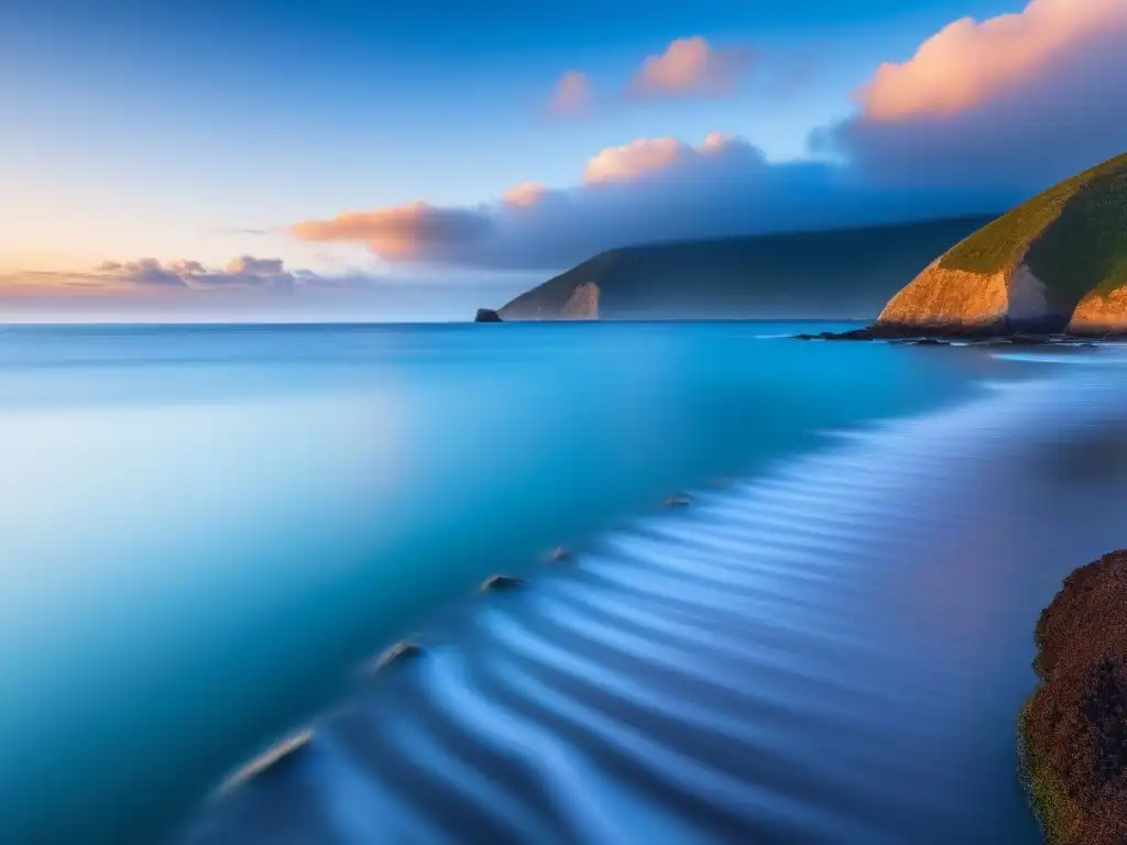 Escena costera serena al amanecer con mar tranquilo, cielo despejado y barco pesquero distante