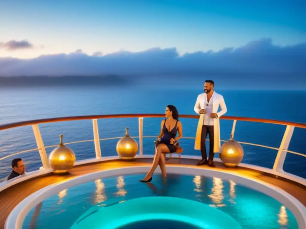 Una escena de crucero lujoso con personalización inteligente en cruceros: pareja cenando, familia en excursión y viajero en spa