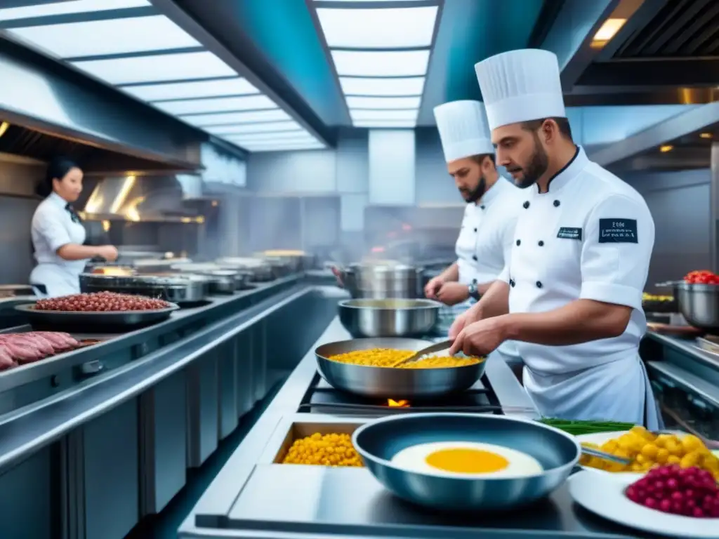 Escena detallada de chefs en crucero cocinando con maestría entre acero inoxidable y ingredientes frescos