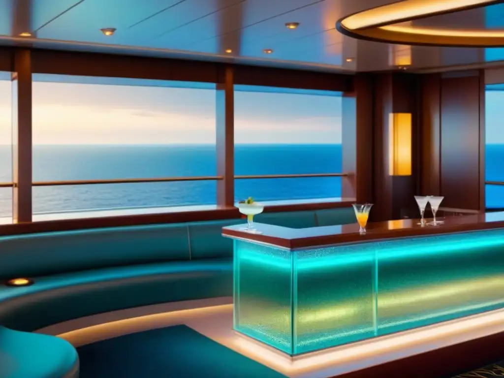 Escena elegante de bar de cocteles en crucero de lujo con vista al mar, cristalería y frutas frescas