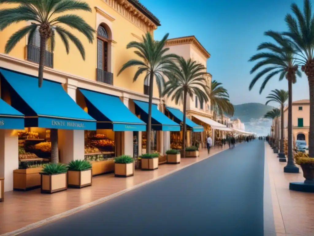 Exclusiva calle de compras en el Mediterráneo Escena elegante de compras de lujo en el Mediterráneo con tiendas sofisticadas y palmeras bajo cielos azules