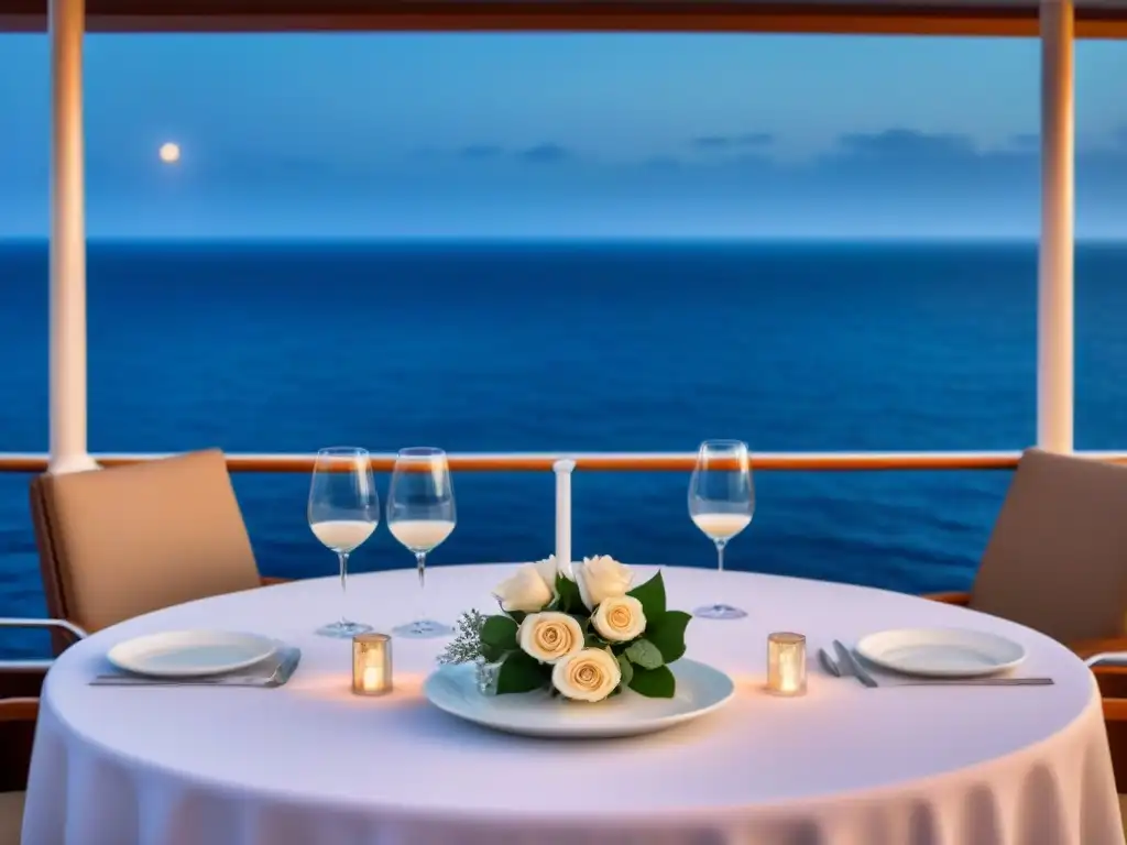 Escena elegante en un crucero: mesa de alta cocina marítima con vajilla fina, copas de cristal y rosa como centro, bajo cielo estrellado