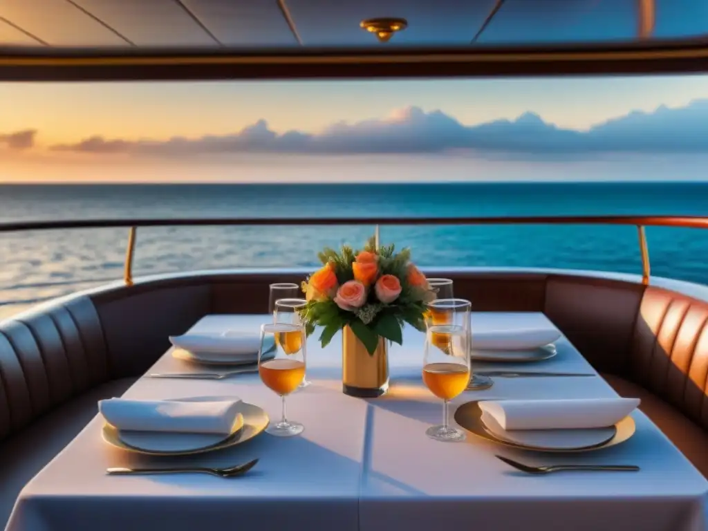 Una escena elegante y lujosa en un crucero: mesa bien puesta con vajilla fina y vista al atardecer en el mar