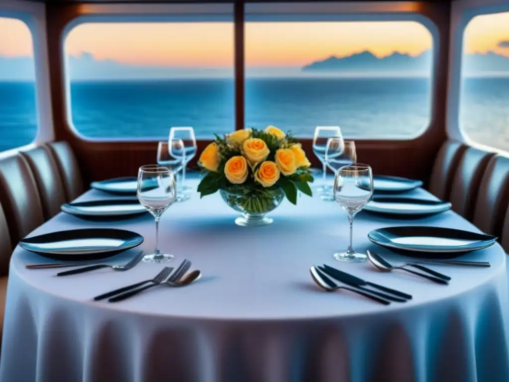 Escena elegante de mesa en crucero de lujo con vajilla fina y vista al mar