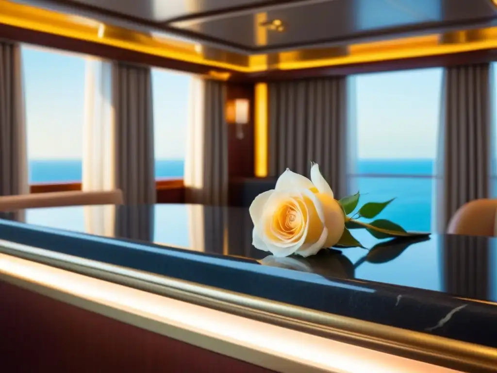 Escena elegante y serena en un crucero de lujo, mostrando el escritorio de concierge con una rosa blanca en jarrón de cristal