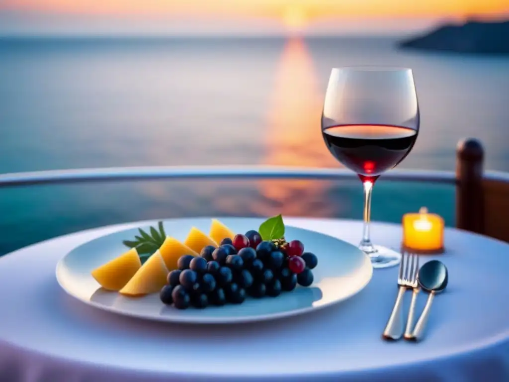 Escena elegante de vinos y cocina en crucero con copa de vino tinto y comida gourmet en mesa lujosa con vista al mar al atardecer