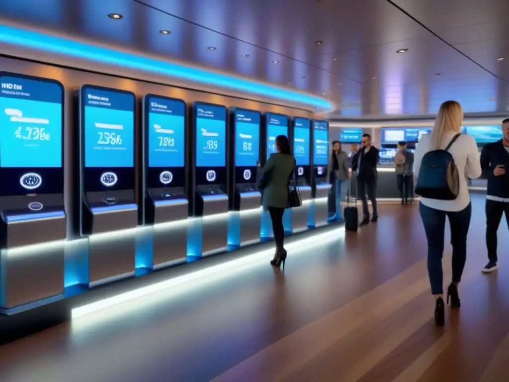 Escena futurista en crucero: Tecnología sin contacto revoluciona compras a bordo con pasajeros usando sistemas touchless