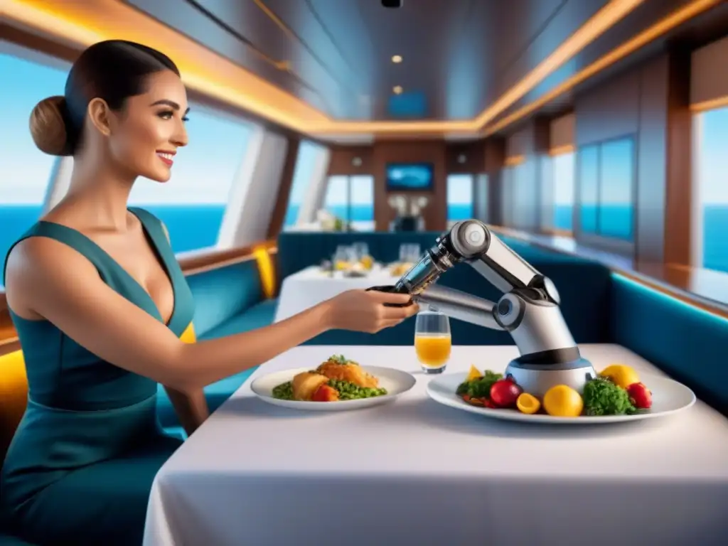 Una escena futurista en un crucero de lujo, donde un brazo robótico sirve elegantes platillos a pasajeros sonrientes