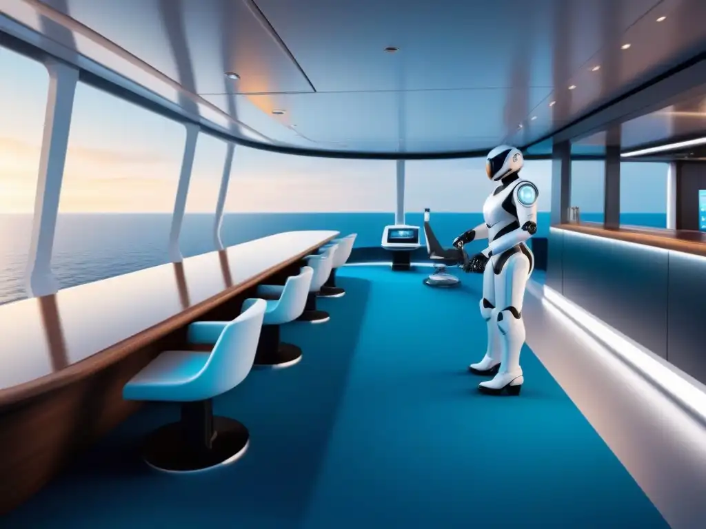 Una escena futurista en un crucero marítimo con robots avanzados asistiendo a pasajeros, en un ambiente de alta tecnología y tranquilidad