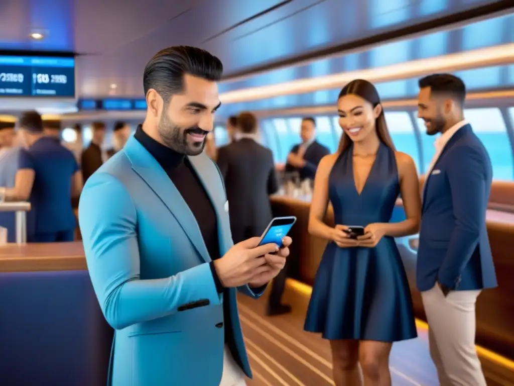 Una escena futurista en la cubierta de un crucero donde los pasajeros realizan pagos sin contacto en restaurantes, tiendas y entretenimiento