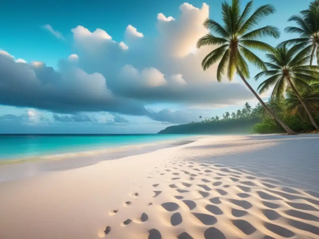 Escena idílica de playa tropical con aguas turquesa, arena blanca, palmeras verdes y atardecer dorado