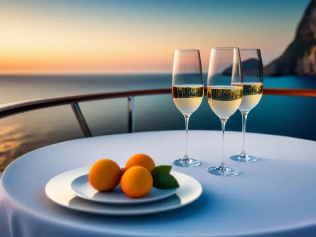 Escena de lujo en cubierta de yate al atardecer con copas de champán, elegante mesa blanca y vista al mar