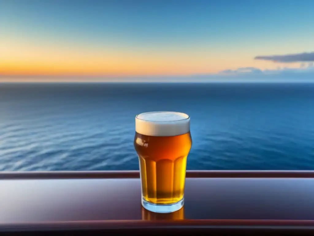 Una escena de lujo y tranquilidad en cruceros con cerveza artesanal, equilibrio y mar dorado al atardecer