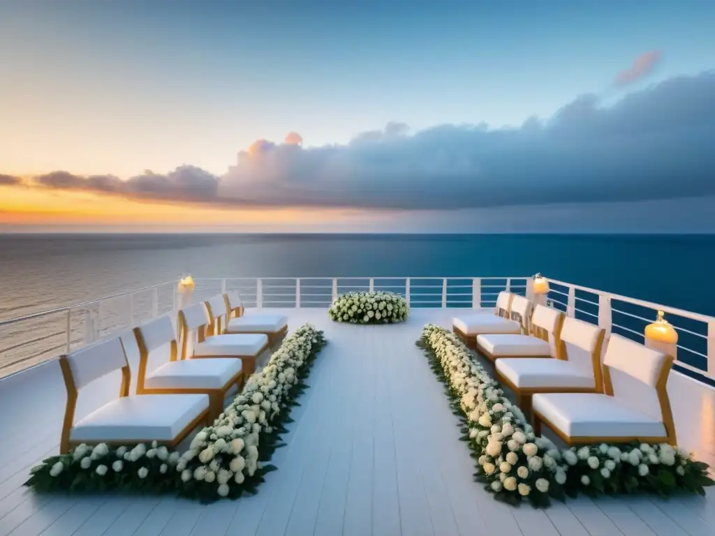 Escena lujosa de boda en crucero: elegante decoración blanca y dorada en cubierta, mirando al mar al atardecer