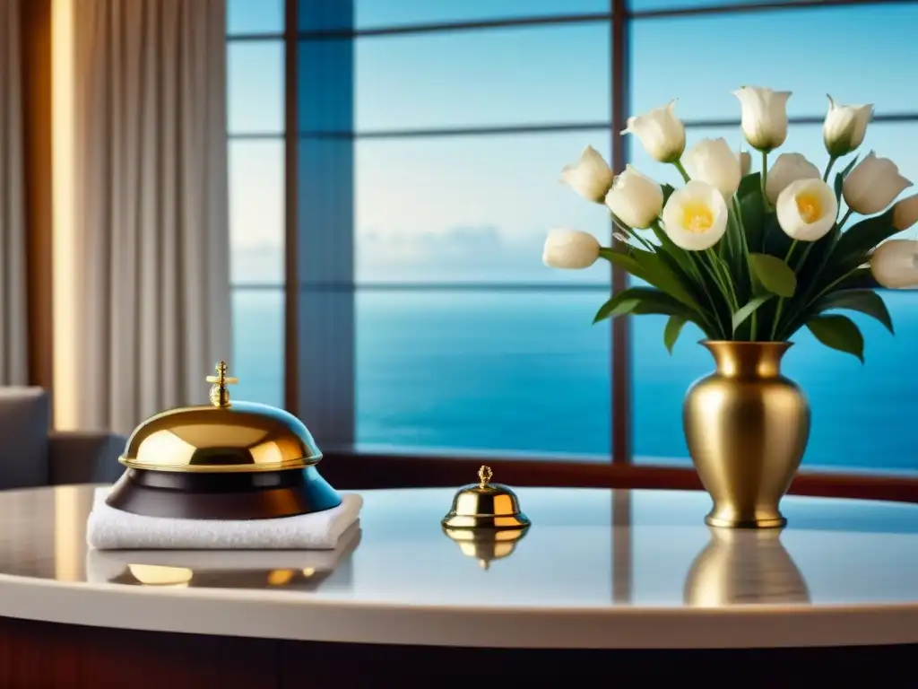 Escena lujosa en crucero: mostrador de concierge con detalles dorados, toallas blancas, flores frescas y modelo de barco