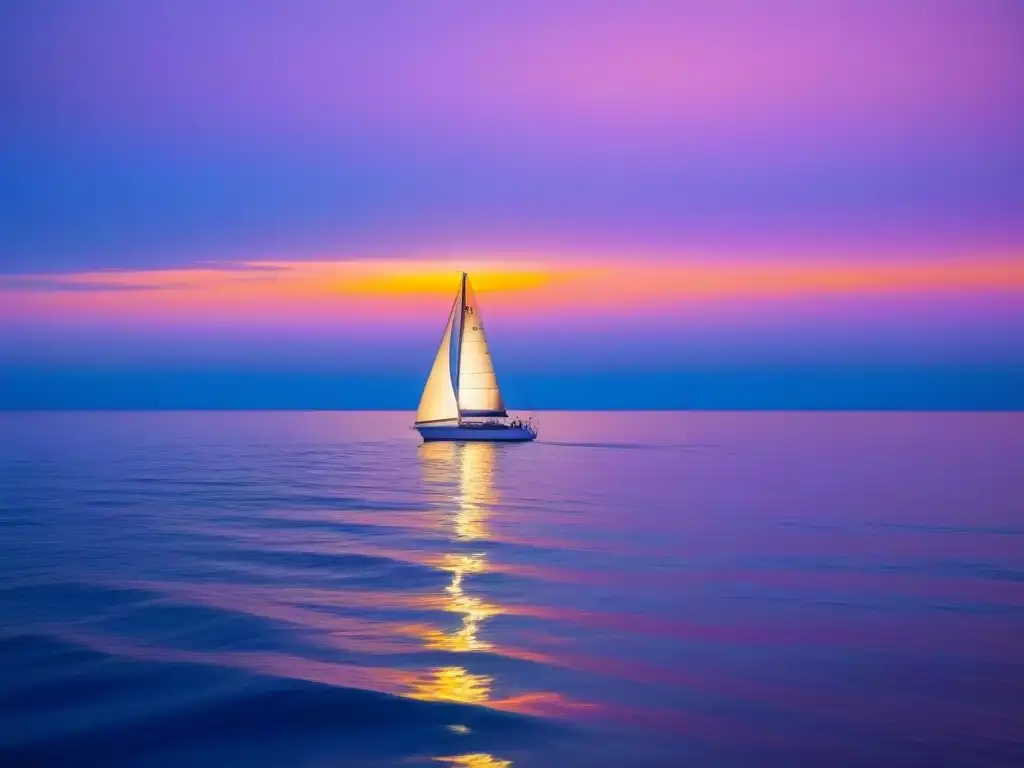 Escena mágica en el mar al atardecer: velero solitario en aguas serenas, cielo dorado y horizonte en tonos cálidos