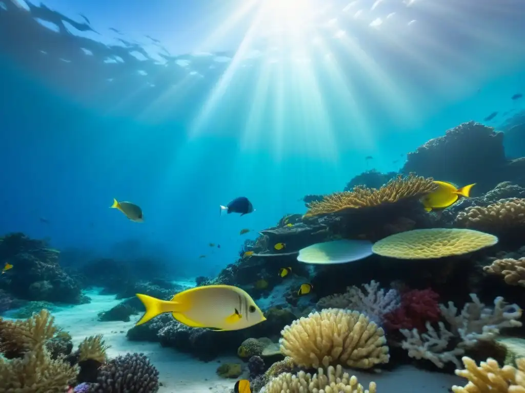 Una escena marina cautivadora y serena, mostrando un arrecife de coral vibrante lleno de peces coloridos y vida marina