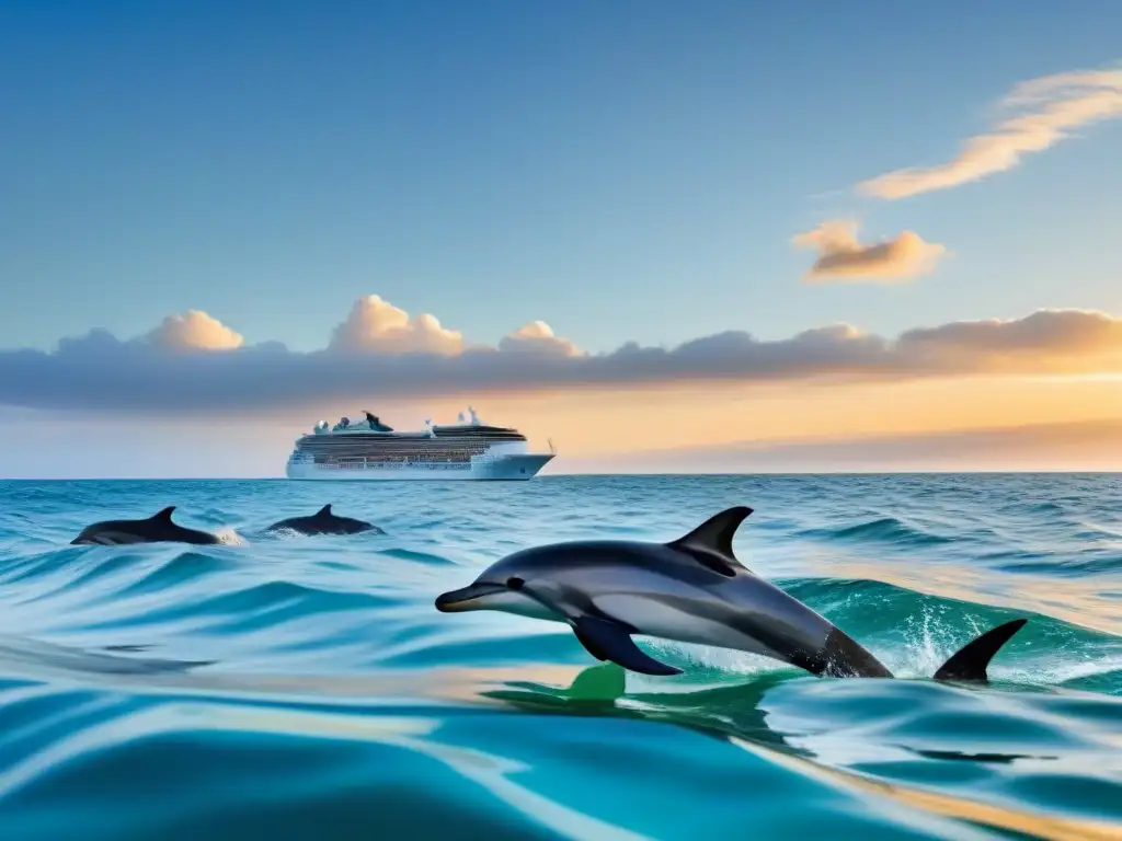 Una escena marina al amanecer con delfines nadando junto a un crucero ecológico