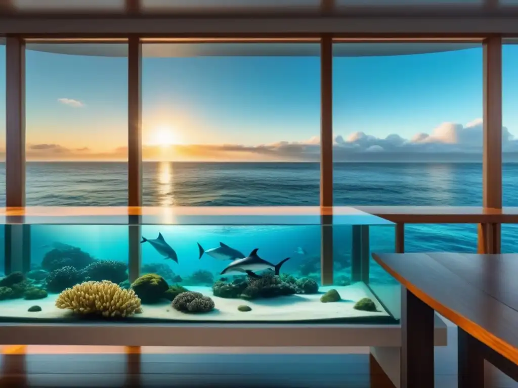 Una escena marina serena con auriculares de realidad virtual en una mesa de madera