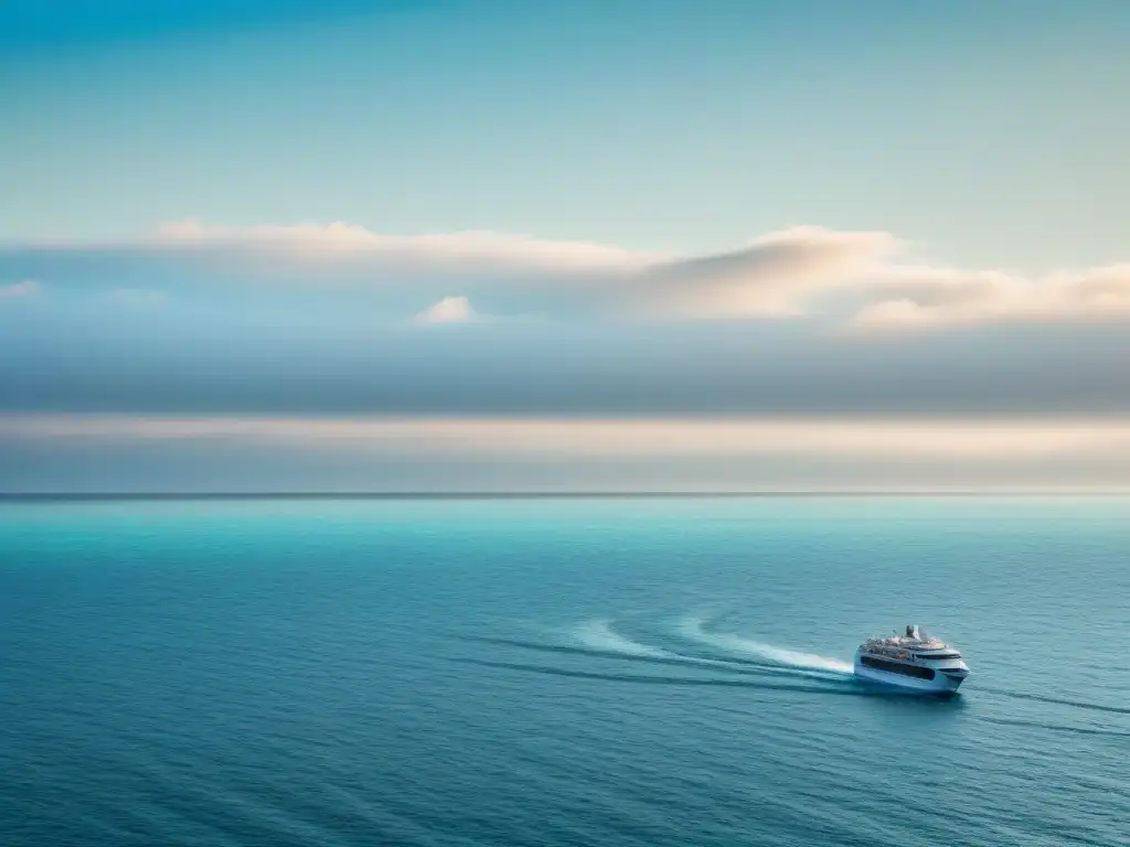 Escena marina serena con crucero elegante en aguas cristalinas y cielo pastel, reflejando impacto cambio climático turismo marítimo