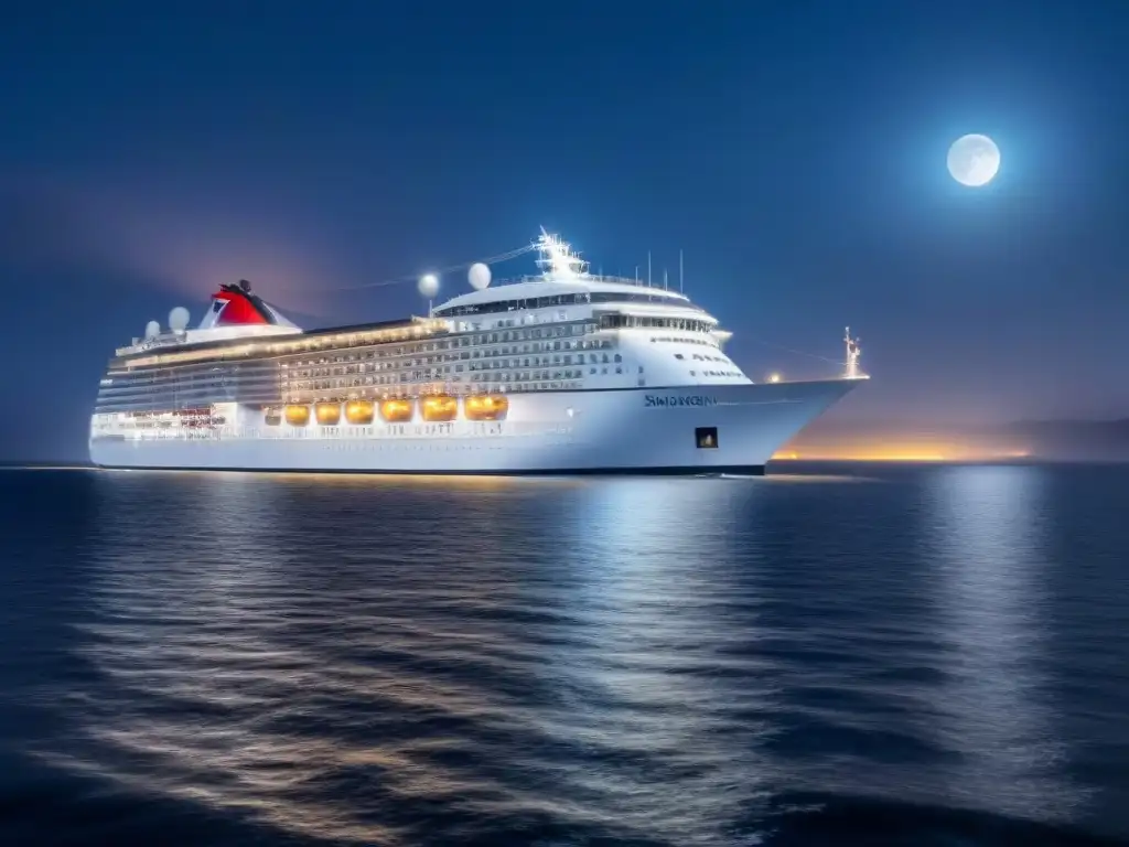 Una escena nocturna de un crucero iluminado por la luna en un océano sereno, ideal para el buceo nocturno en cruceros marítimos