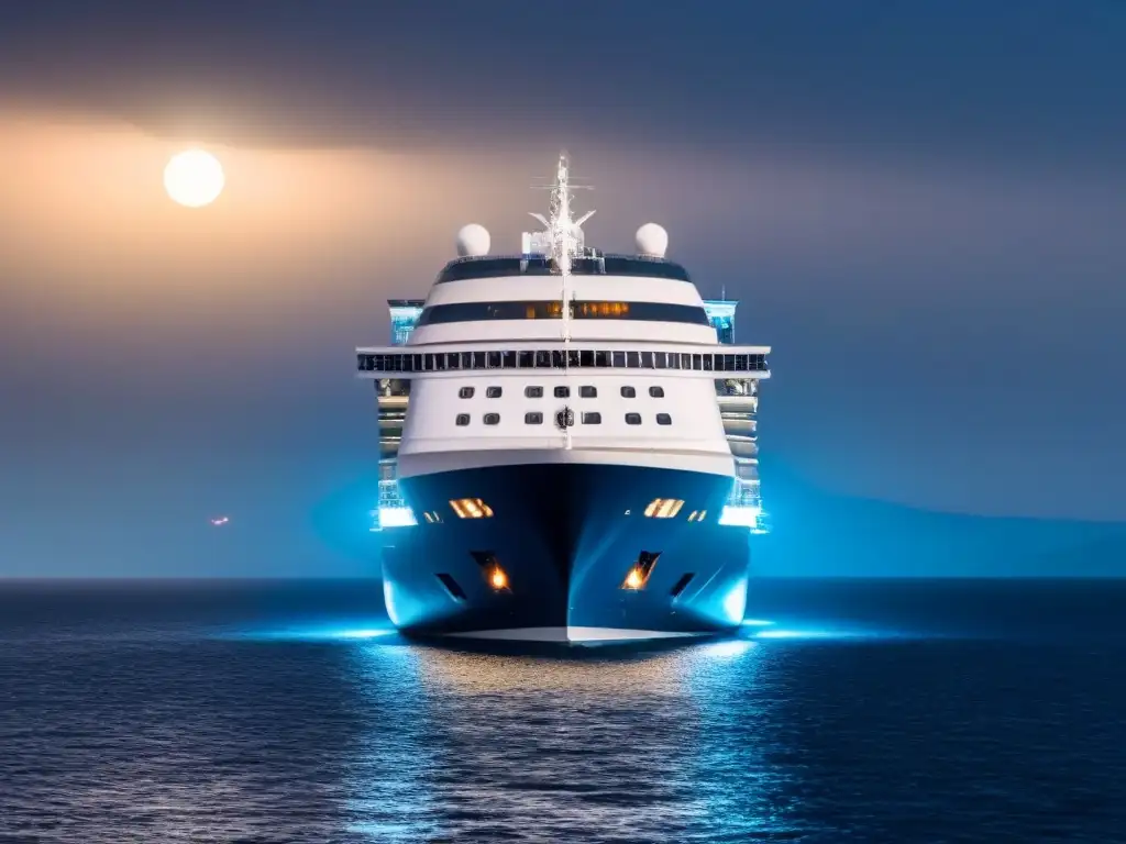 Escena nocturna en crucero de lujo con luz tenue y estrellas brillantes en el cielo