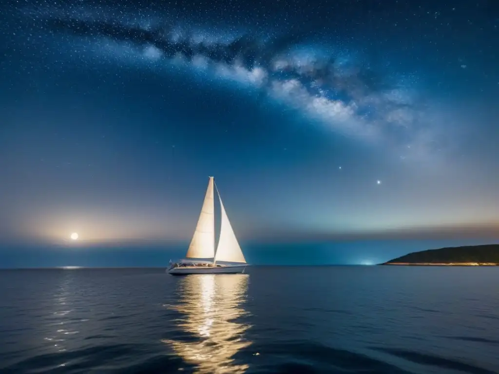 Una escena nocturna de vela en alta mar, donde un velero elegante navega bajo un cielo estrellado